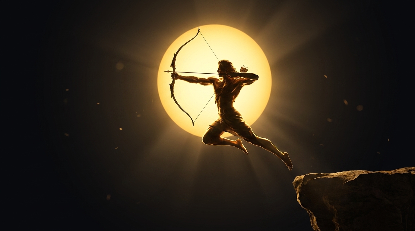 A golden warrior leaps from a cliff, bow drawn against the sun